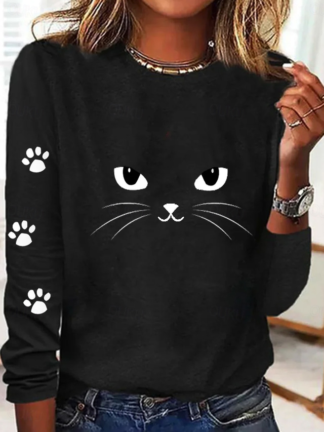  Women's T Shirt Cat Casual Long Sleeve Crew Neck Regular Tops Daily Print Black Spring Fall