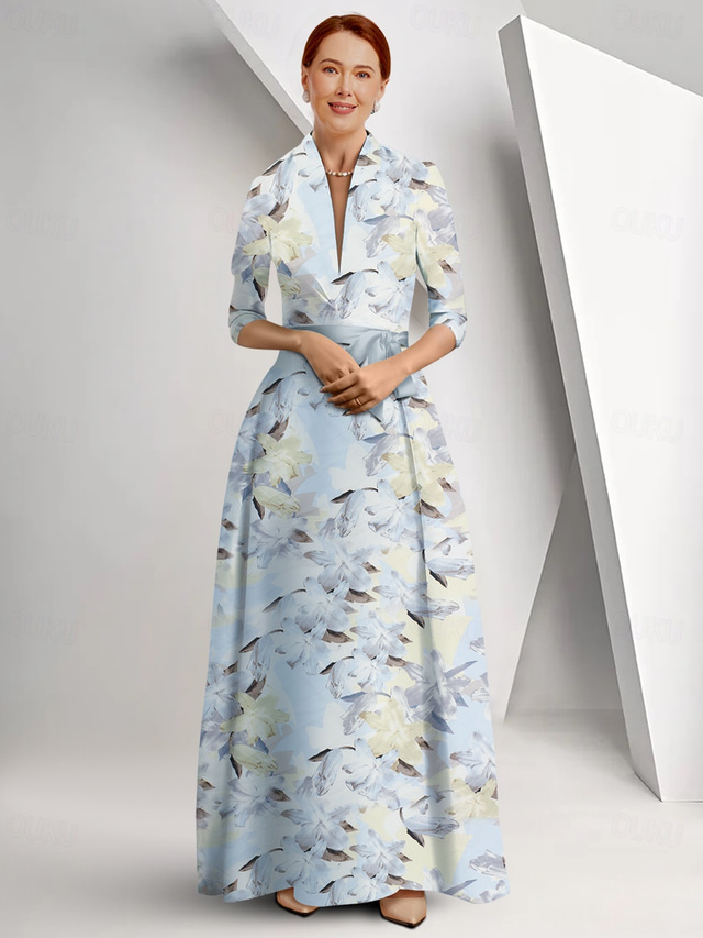  A-Line Mother of the Bride Dress Elegant FLoral Print Queen Anne Floor Length Satin 3/4 Length Sleeve with Race Day Dress Wedding Guest Dress