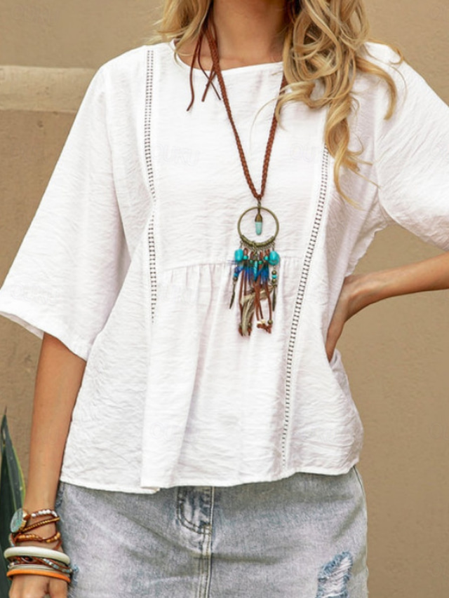  Women's Shirt Blouse Cotton Linen Shirts Solid Color Basic Casual 3/4 Length Sleeve Crew Neck Regular Tops Daily White Summer Spring