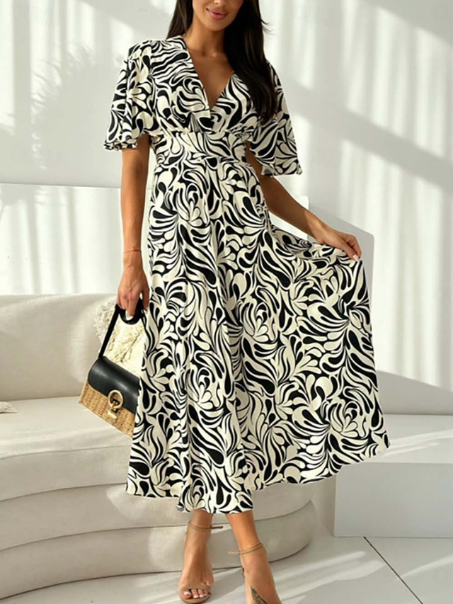  Women's Midi Dress Casual Dress Swing Dress A Line Dress Stylish Casual Vacation Daily Regular Fit Floral Short Sleeve V Neck White Red Summer