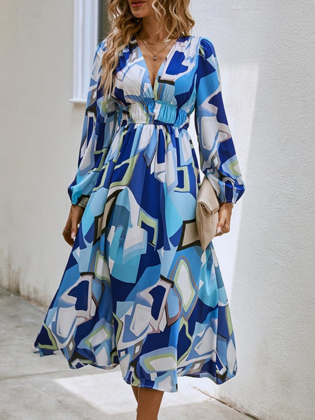 Women's Maxi Dress Casual Dress Swing Dress Boho Chic Dresses Bohemia Stylish Casual Vacation Daily Beach Loose Fit Floral Long Sleeve V Neck Pink Blue Summer Spring