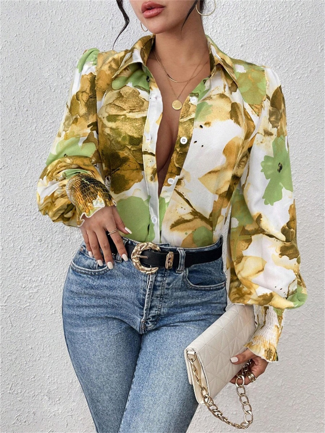  Women's Shirt Blouse Floral Elegant Ladies Stylish Long Sleeve Puff Sleeve Shirt Collar Regular Tops Work Daily Holiday Buttons Print Purple Green Spring Fall Winter