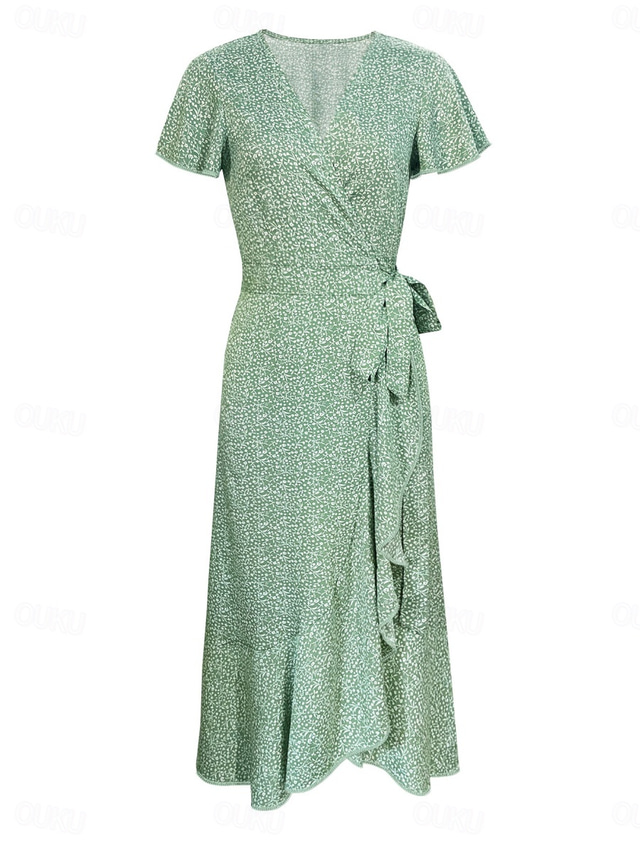  Women's Midi Dress Casual Dress Wrap Dress A Line Dress Stylish Casual Vacation Daily Regular Fit Floral Short Sleeve V Neck Green Summer
