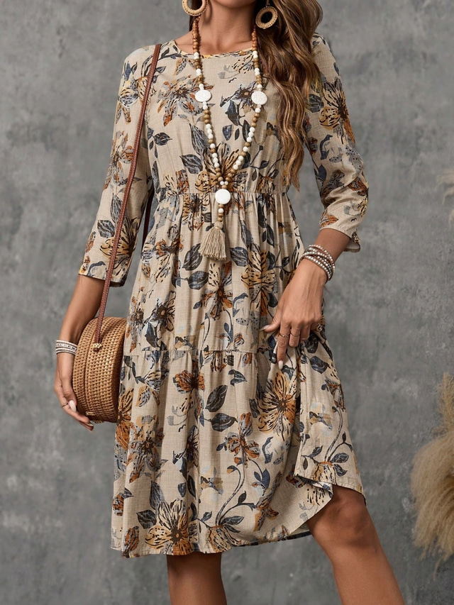  Women's Mini Dress Cotton Linen Dresses Casual Dress Basic Casual Vacation Daily Regular Fit Floral 3/4 Length Sleeve Crew Neck Khaki Summer Spring
