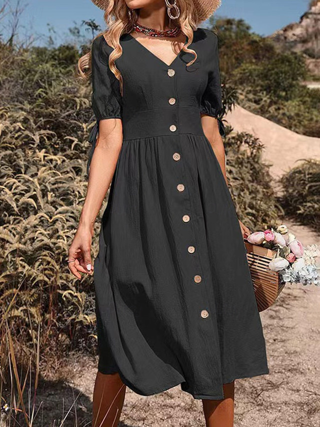  Women's Long Dress Maxi Dress Cotton Linen Dresses Casual Dress Cute Stylish Basic Vacation Daily Regular Fit Plain Short Sleeve V Neck Black Green Apricot Summer Spring