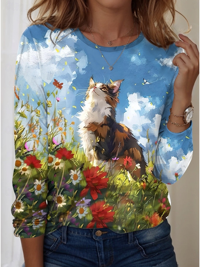  Women's T Shirt Cat Casual Long Sleeve Crew Neck Regular Tops Daily Print Blue Spring Fall