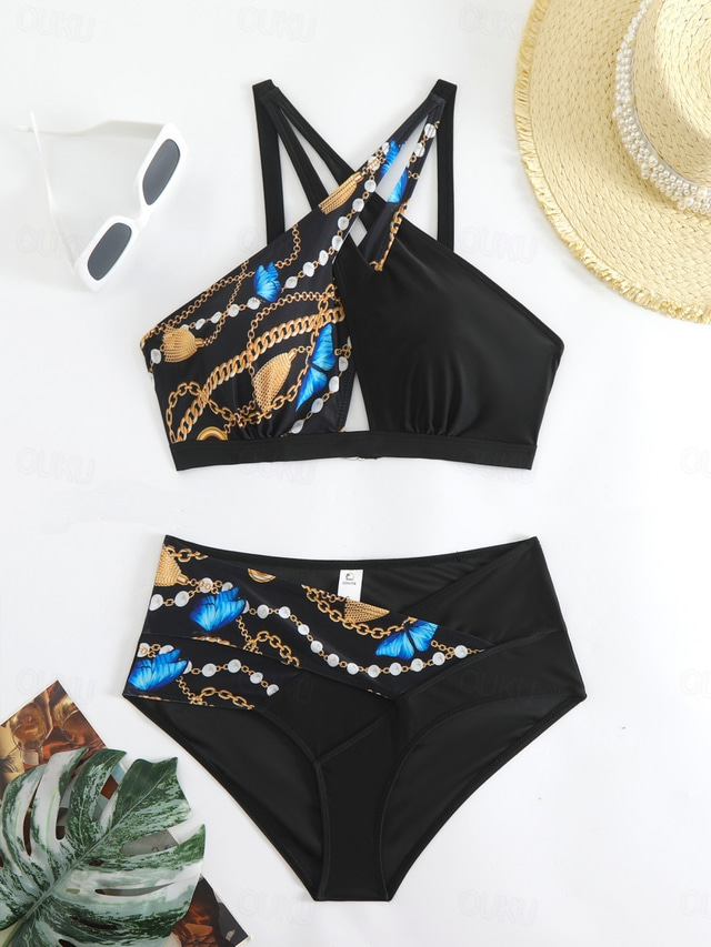  Women's Swimwear Bikini 2 Piece Cheeky Swimsuit Backless Slim Vacation Beach Wear Graphic Halter Neck Sleeveless Bathing Suits