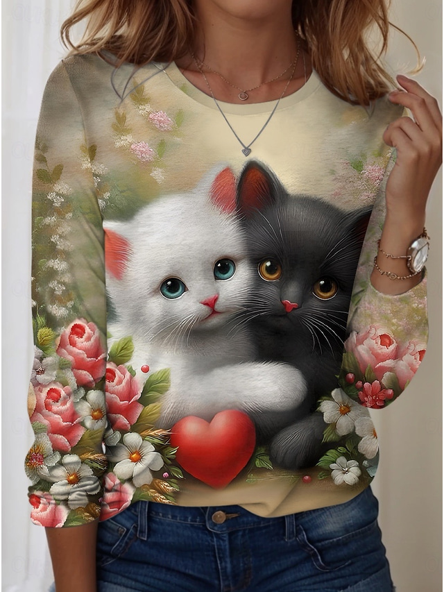  alla hjärtans dag Dam T-shirt Blommig Katt Ledigt Långärmad Rund hals Vanliga toppar Dagligen Mönster Gul Vår Höst