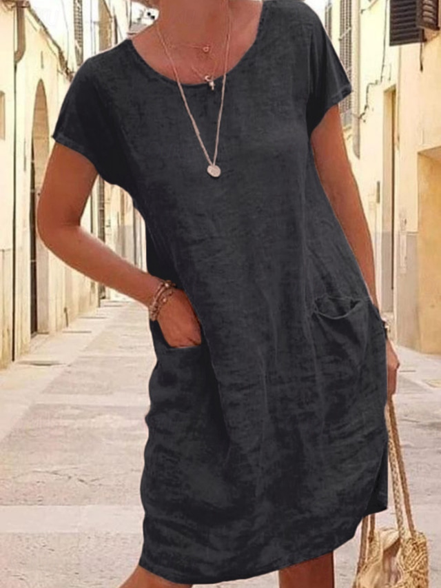  Per donna Mini Abito Abiti in cotone e lino Vestito Casual Vestito T-Shirt Essenziale Casual Vacanza Quotidiano Vestibilità regolare Semplice Manica Corta Girocollo Nero Blu Cachi Grigio Estate