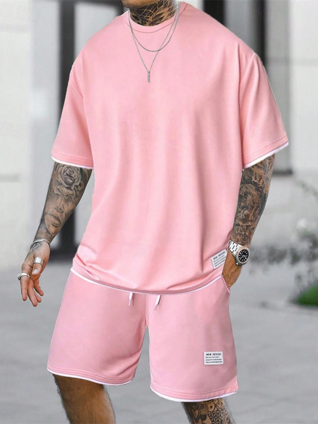  Men's Workout Set Tracksuit T shirt & Shorts Set Outfit Set Crew Neck Outdoor Daily Sports Pocket Drawstring 2 Piece Plain Light Green Pink Red Polyester Activewear Classic Casual Summer