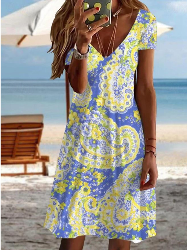  Women's Mini Dress Petite Dress T Shirt Dress Tee Dress Sundress A Line Dress Elegant Vintage Stylish Vacation Birthday Casual Regular Fit Floral Graphic Paisley Short Sleeve V Neck Yellow