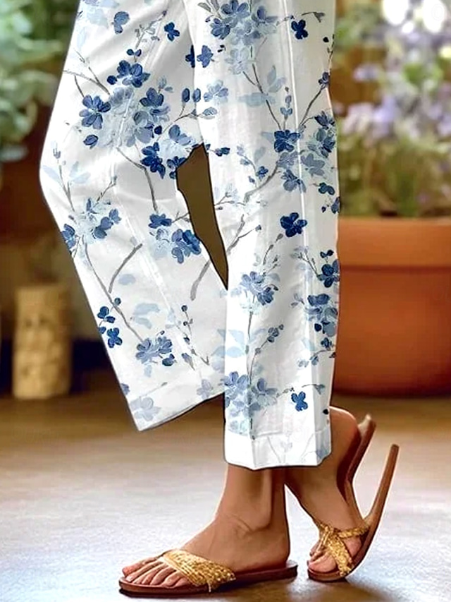  Women's Slacks Elegant Vintage Fashion Full Length High Waist Floral Leaf Printing Breathable Soft Micro-elastic Outdoor Daily Sky Blue And White Summer Spring Regular Fit