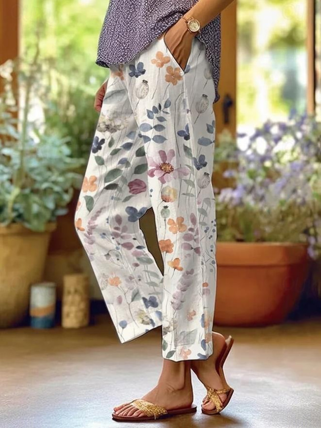  Women's Cotton Linen Pants Baggy Pants Linen Like Fashion Streetwear Full Length High Waist Floral Graphic Printing Thermal Warm Breathable Soft Micro-elastic Outdoor Daily White Fall Winter