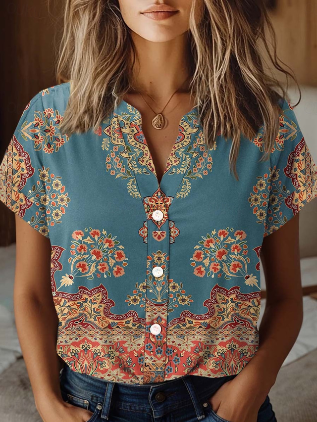  Women's Shirt V Neck Button Down Blouse Floral Elegant Vintage Tropical Short Sleeve Shirt Collar Regular Tops Daily Buttons Print Dusty Blue Summer