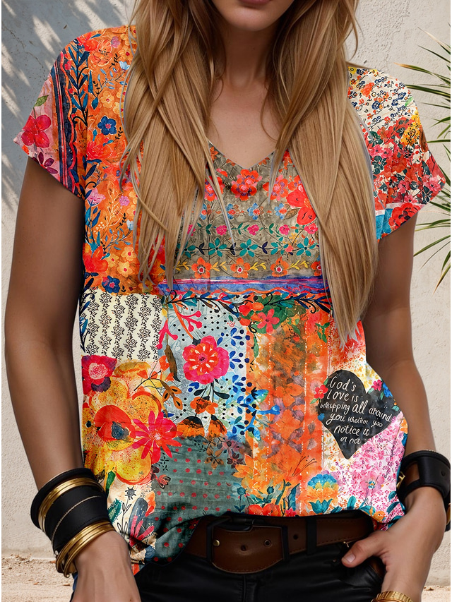  Women's T Shirt Floral Geometric Geometry Vintage Stylish Casual Short Sleeve V Neck Regular Tops Daily Going out Weekend Print Orange Summer Spring