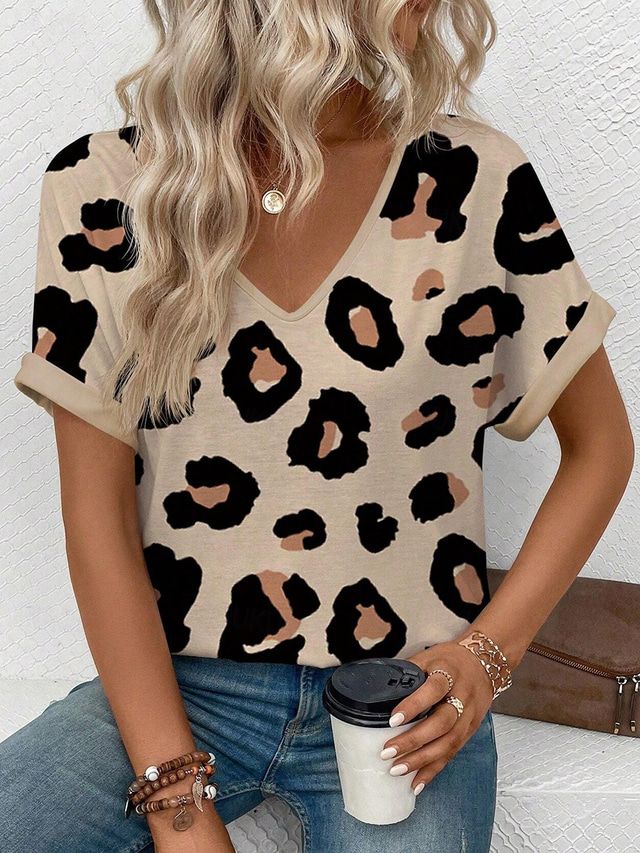  Women's T Shirt Leopard Stylish Casual Short Sleeve V Neck Regular Tops Daily Print Khaki Summer