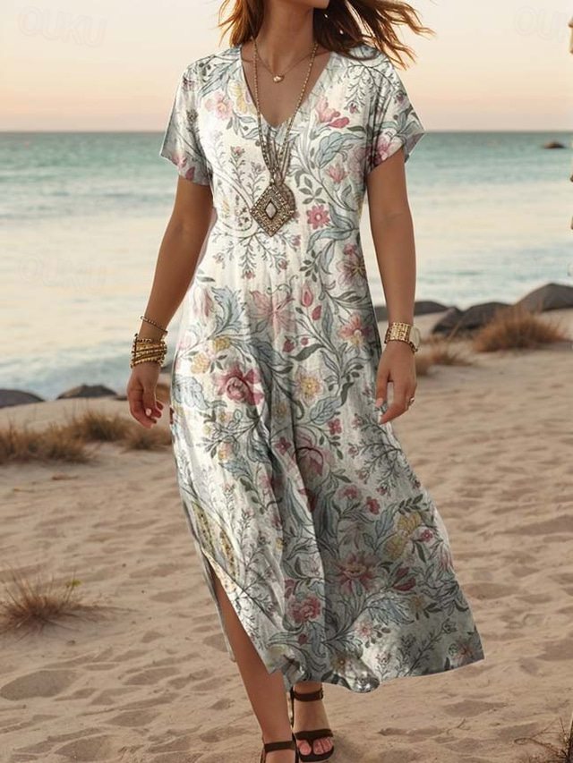  Women's Maxi Dress Casual Dress A Line Dress Stylish Casual Vacation Daily Regular Fit Floral Short Sleeve V Neck Light Pink Light Purple Purple Beige Spring Fall
