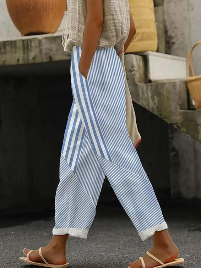  Women's Cotton Linen Pants Baggy Pants Linen Like Elegant Vintage Fashion Full Length High Waist Geometric Plaid Printing Breathable Soft Micro-elastic Outdoor Daily Transparent Blue Regular Fit