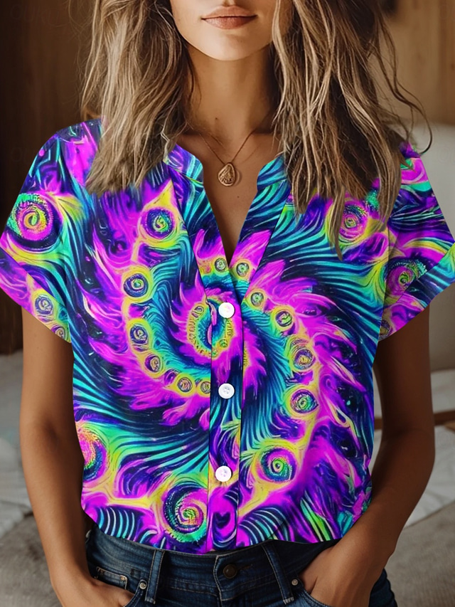  Women's Shirt Tie Dye Stylish Beach Short Sleeve Shirt Collar Regular Tops Daily Buttons Print Purple Spring Fall
