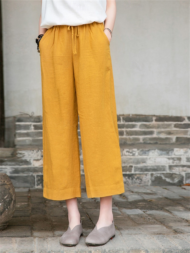  Women's Cotton Linen Shorts Linen-Inspired Pants Cotton Linen Pants Fashion Streetwear Basic Ankle-Length Medium Waist Plain Pocket Drawstring Comfort Outdoor Micro-elastic Vacation Street Daily rice