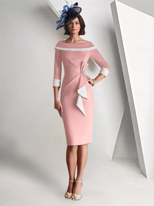  Skjort  Kolonn Moder Till Bruden Klänning Elegant Vintage Enkel Off Shoulder Te Längd Crepe 3/4 Längd Ärmar Jacka Klänningar med Volanger Färg Block Racedag Klänning
