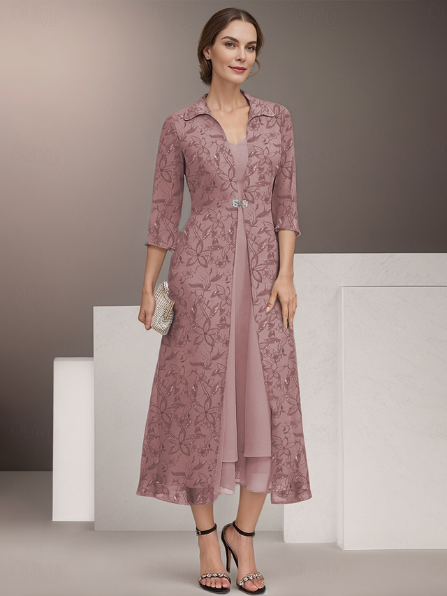  kaksiosainen morsiamen äiti mekko elegantti vintage paita kaulus teepituus sifonki 3/4-hihainen kukka pitsi takki mekot 2025