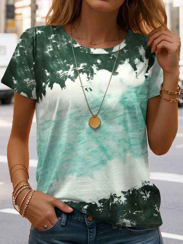  Women's T Shirt Tie Dye Casual Short Sleeve Round Neck Regular Tops Daily Print Green Summer
