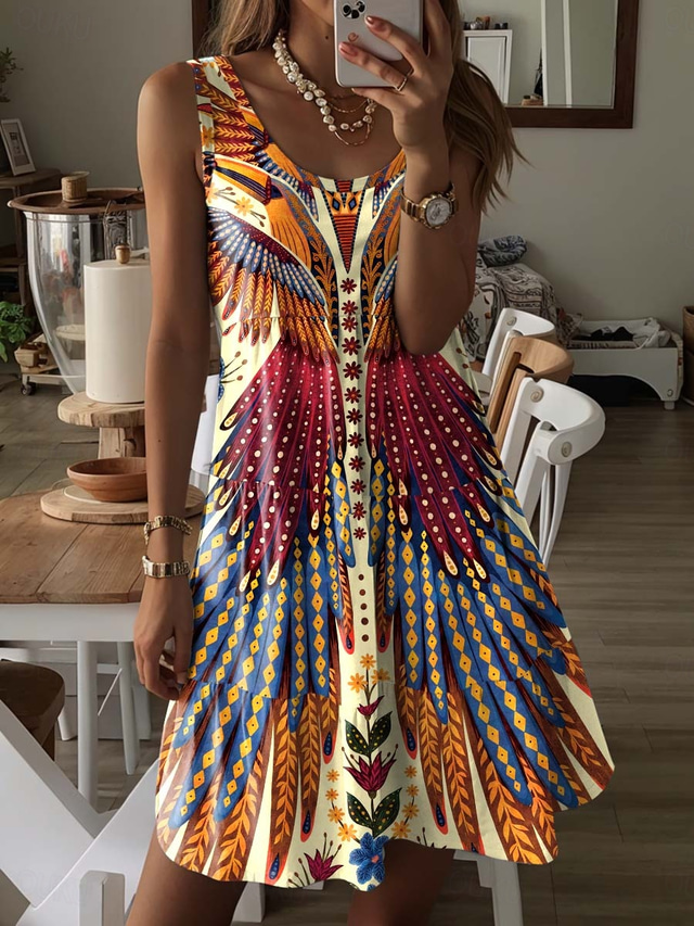  Damen Minikleid Casual kleid Ethnisches Kleid Minikleid Sommerkleid Böhmen Urlaub Vintage Urlaub Täglich Festtage Regular Fit Graphic Ditsy Blumig Ärmellos Rundhalsausschnitt Orange Sommer