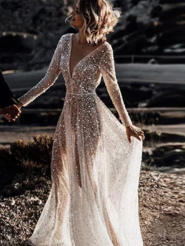 Wedding Dresses Ball Gown V Neck Long Sleeve Chapel Train Satin Bridal Gowns With Pleats Ruched