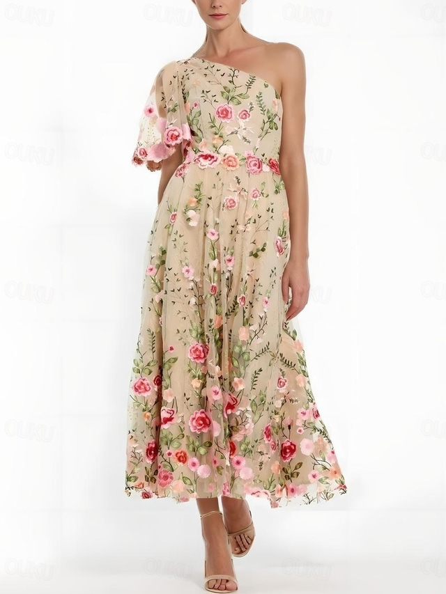  Floral Embroidered A-Line Dress Mother of the Bride Dress Elegant Vintage One Shoulder Ankle Length Tulle Short Sleeve with Flower Wedding Guest Dress 2025