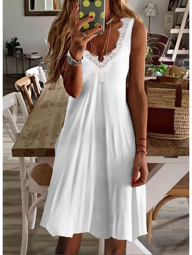  Women's EU / US Size Mini Dress Casual Dress Beach Dress Elegant Dress Elegant Bohemia Vacation Sleeveless Vacation Casual Beach Form Fit Solid Color Leaf Sleeveless V Neck White Light Green Green