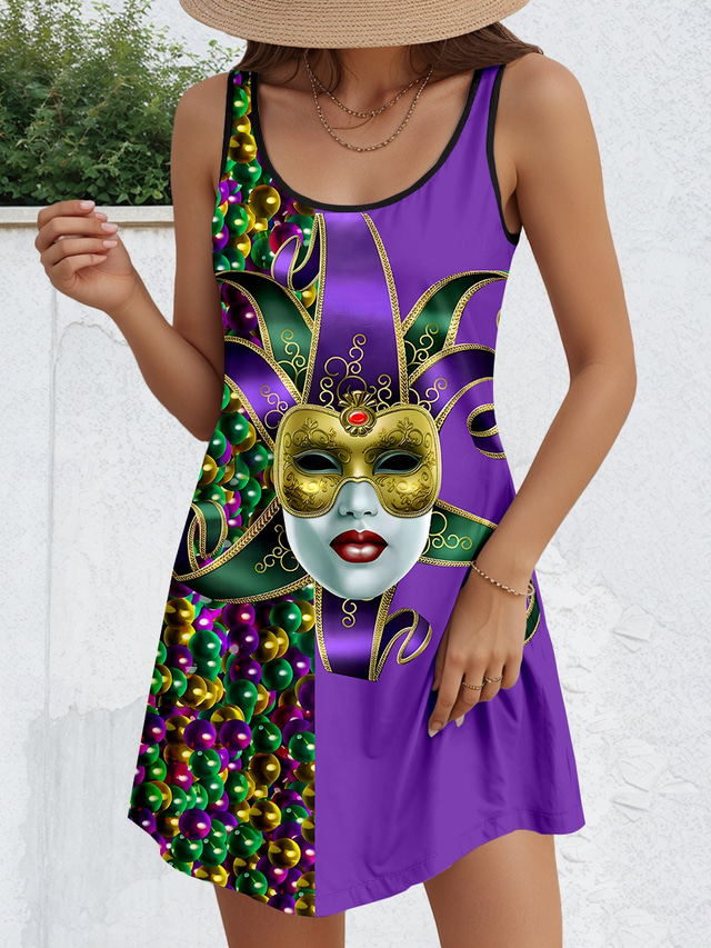 Carnival Women's Mini Dress Petite Dress Sundress A Line Dress Tank Dress Stylish Casual Vacation Daily Holiday Loose Fit Graphic Sleeveless Crew Neck Purple Summer Spring
