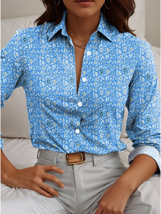  Women's Shirt Floral Casual Long Sleeve Shirt Collar Regular Tops Work Daily Buttons Print Blue Spring Fall Winter