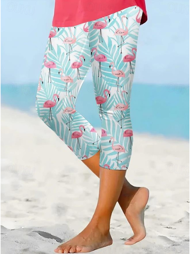  Damleggings capribyxor hög elastisk mode streetwear full längd hög midja blommig tryck termisk varm andas mjuk utomhus daglig grön sommar vår vanlig passform