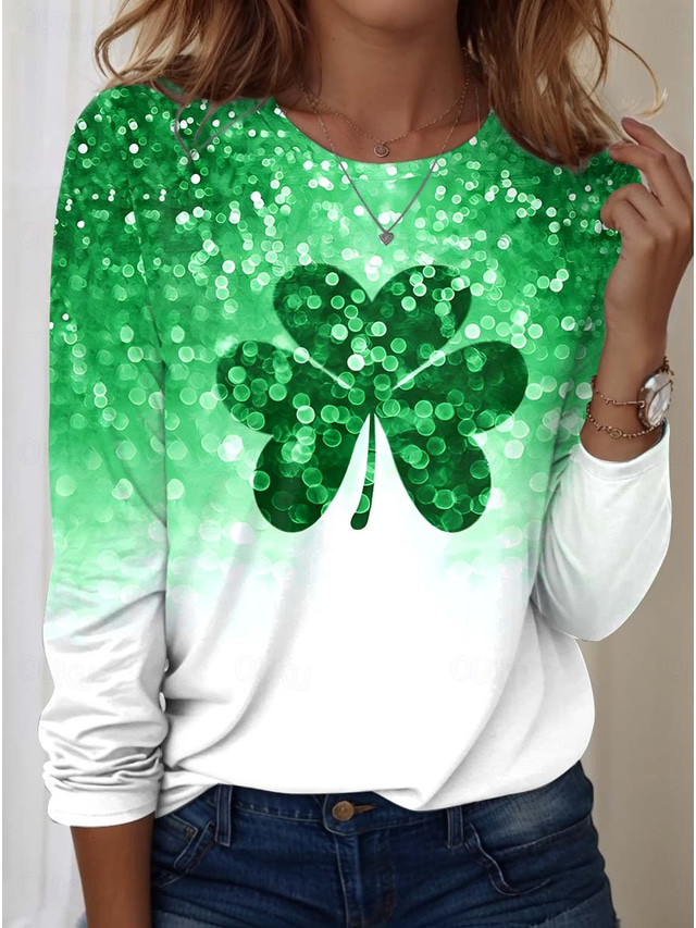  St. Patrick Women's T Shirt Shamrock Plants Casual Long Sleeve Crew Neck Regular Tops Daily Print Green Spring Fall