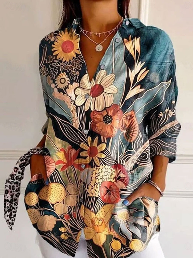  Women's Shirt Floral Casual Long Sleeve Shirt Collar Regular Tops Work Daily Buttons Print Blue Spring Fall Winter