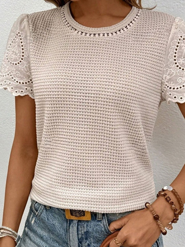  Women's T Shirt Plain Fashion Modern Casual Short Sleeve Crew Neck Regular Tops Daily Weekend Patchwork White Summer Spring
