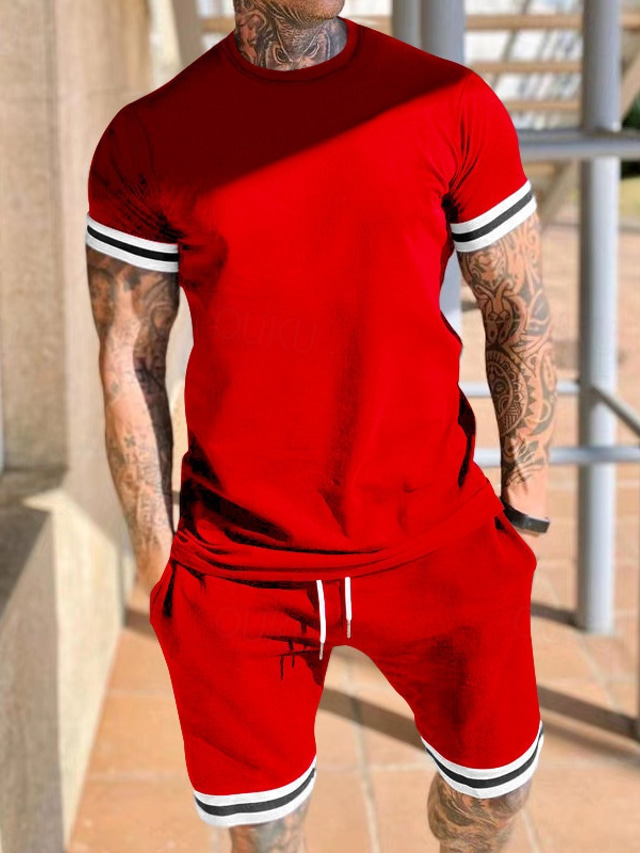  Men's Workout Set Tracksuit T shirt & Shorts Set Outfit Set Crew Neck Outdoor Daily Sports Pocket Drawstring 2 Piece Color Block Black Red Light Grey Polyester Activewear Classic Casual Summer