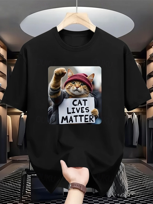  Herr Katt Rolig T-shirt 100 % bomull Kortärmad Grafisk Skjorta Svart Vit Bekväm t-shirt Semester Gata Modedesignerkläder