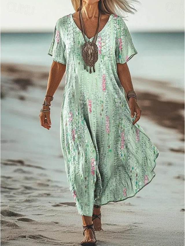  Women's Maxi Dress Casual Dress Sundress A Line Dress Summer Dress Bohemia Vacation Vintage Vacation Daily Regular Fit Floral Graphic Color Gradient Short Sleeve V Neck Green Summer