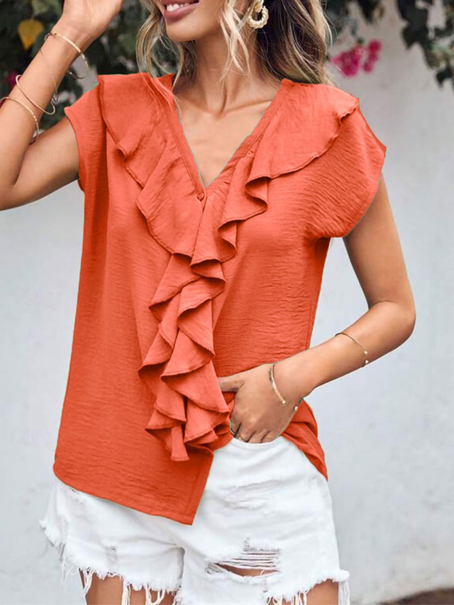  Women's Shirt Blouse Solid Color Elegant Daily Stylish Short Sleeve Batwing Sleeve V Neck Regular Tops Work Daily Evening Party Buttons Orange Green Beige Summer Spring