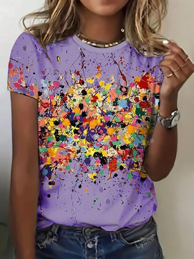  Women's T Shirt Ombre Casual Short Sleeve Round Neck Regular Tops Daily Print Purple Beige Summer