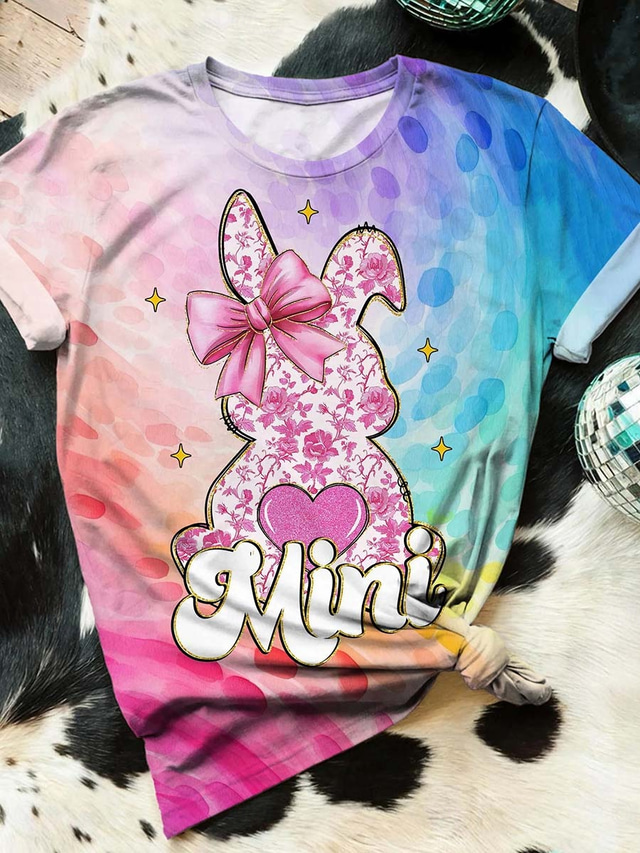  Easter Women's T Shirt Ombre Graphic Casual Short Sleeve Round Neck Regular Tops Daily Print Pink Summer