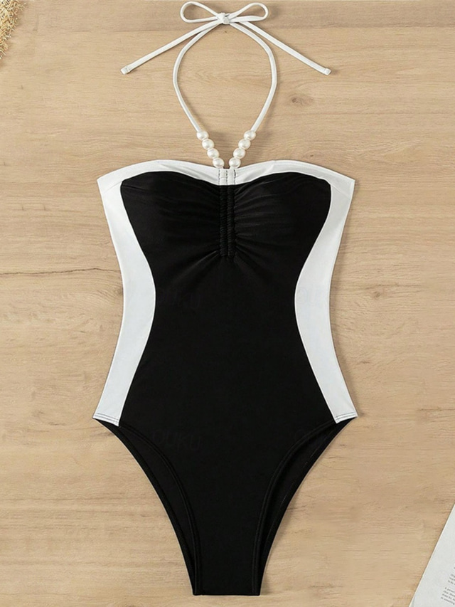  Women's Swimwear One Piece Monokini Swimsuit Backless Tummy Control High Waist Slim Vacation Beach Wear Solid Color Halter Neck Sleeveless Bathing Suits