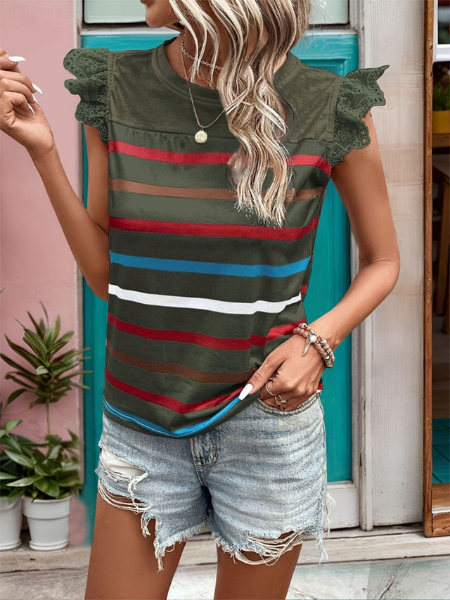 Dame Camisole Tank Top Stilren Casual Uten Ermer Rund Hals Vanlige Topper Daglige Volang Print Svart Hvit Khaki Grå Sommer
