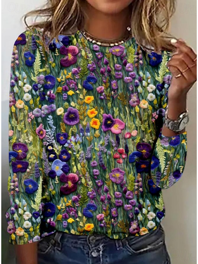  Pentru femei Tricou Floral Elegant Epocă Modă Manșon Lung Stil Nautic Topuri obișnuite Zilnic Ieșire Sfârșit de săptămână Imprimeu Verde salvie Vară Primăvară