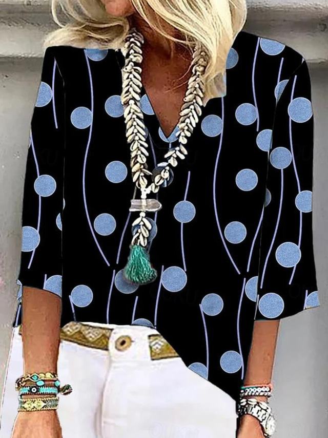  Women's Shirt Leopard Basic 3/4 Length Sleeve V Neck Regular Tops Print Denim Blue Light Brown Spring Fall