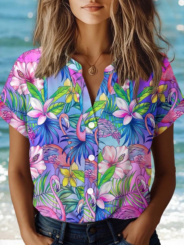  Women's Shirt Floral Elegant Vintage Tropical Short Sleeve Shirt Collar Regular Tops Daily Buttons Print Purple Summer