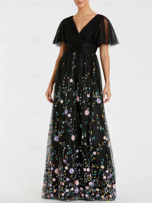 Floral A-Line Dress Mother of the Bride Dress Elegant Vintage V Neck Floor Length Tulle Short Sleeve with Embroidery Flower