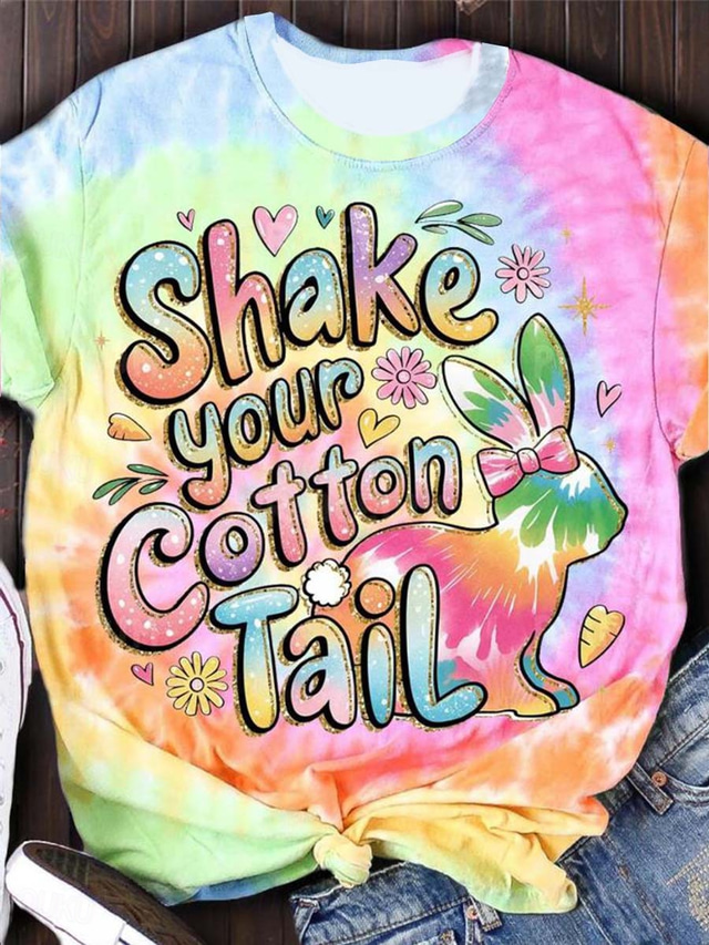  Easter Women's T Shirt Floral Animal Casual Short Sleeve Round Neck Regular Tops Daily Print Rainbow Summer